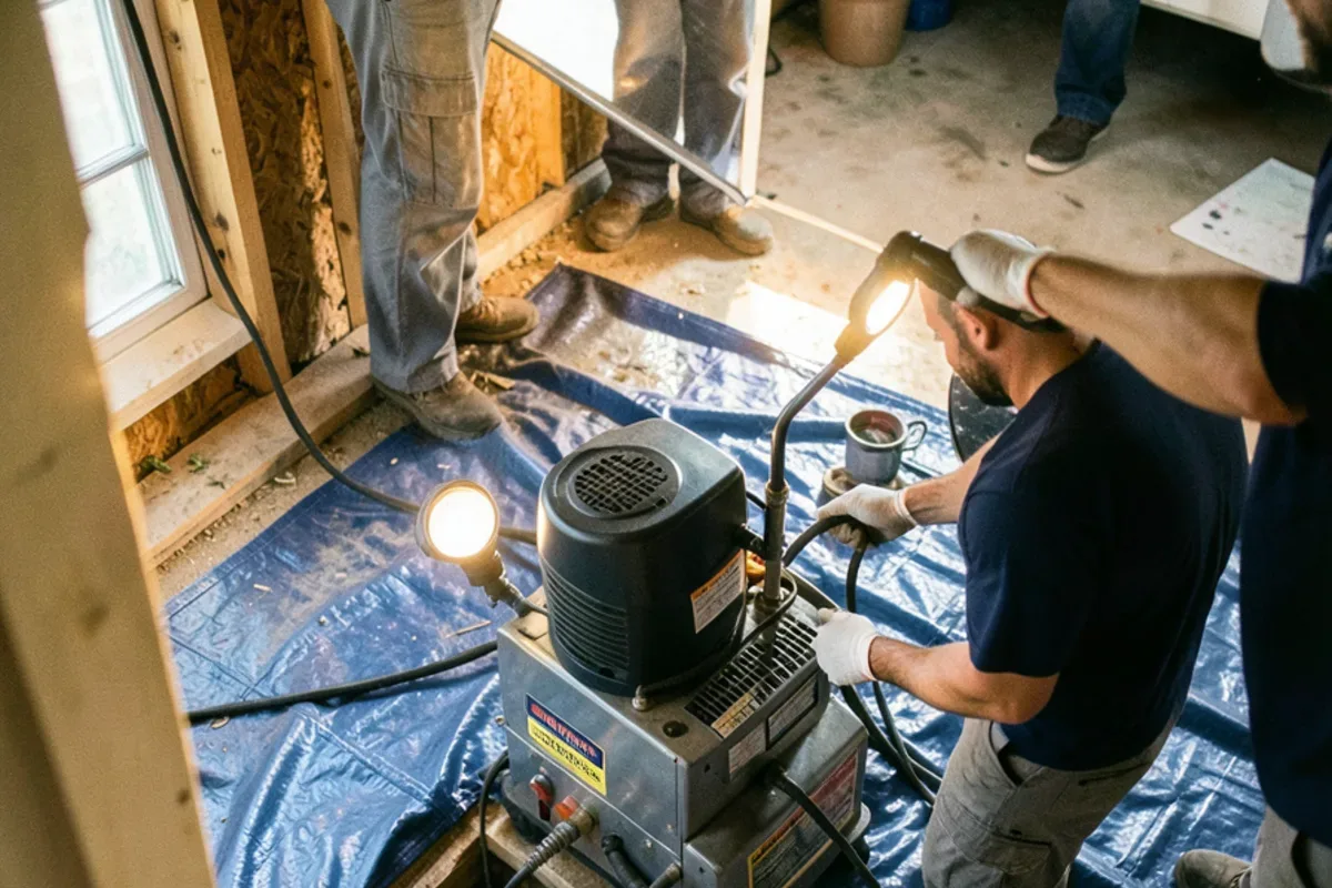 Drain cable machine running into an open floor cleanout during a sewage backup