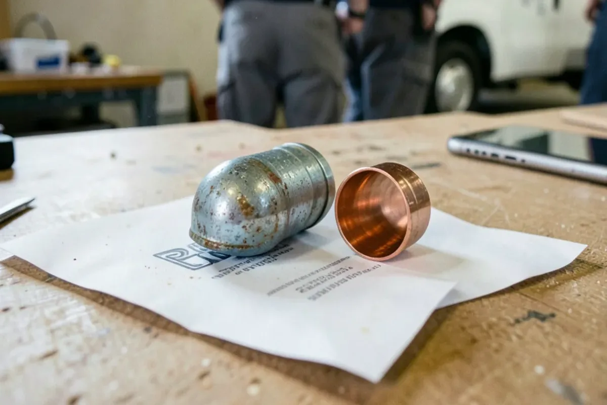 Corroded galvanized nipple and split copper elbow set aside on a workbench after a repair