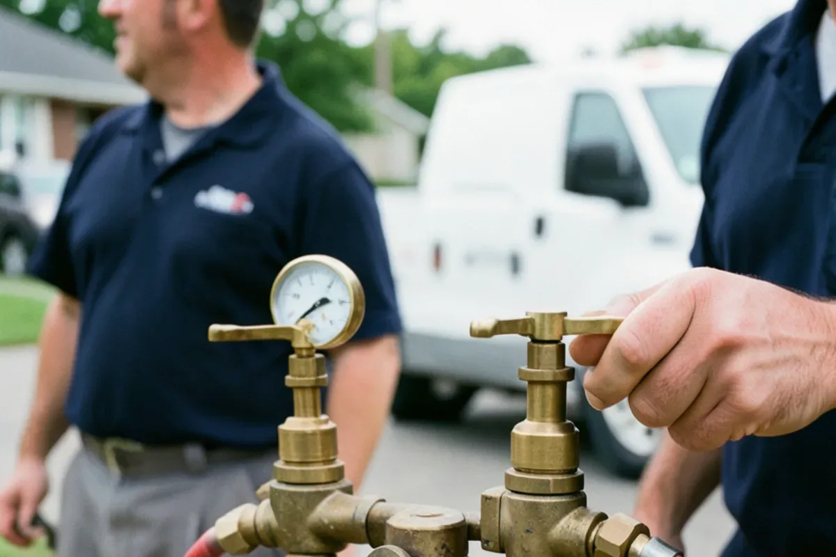 Close view of test kit hoses threaded onto the brass test cocks of a double check valve assembly