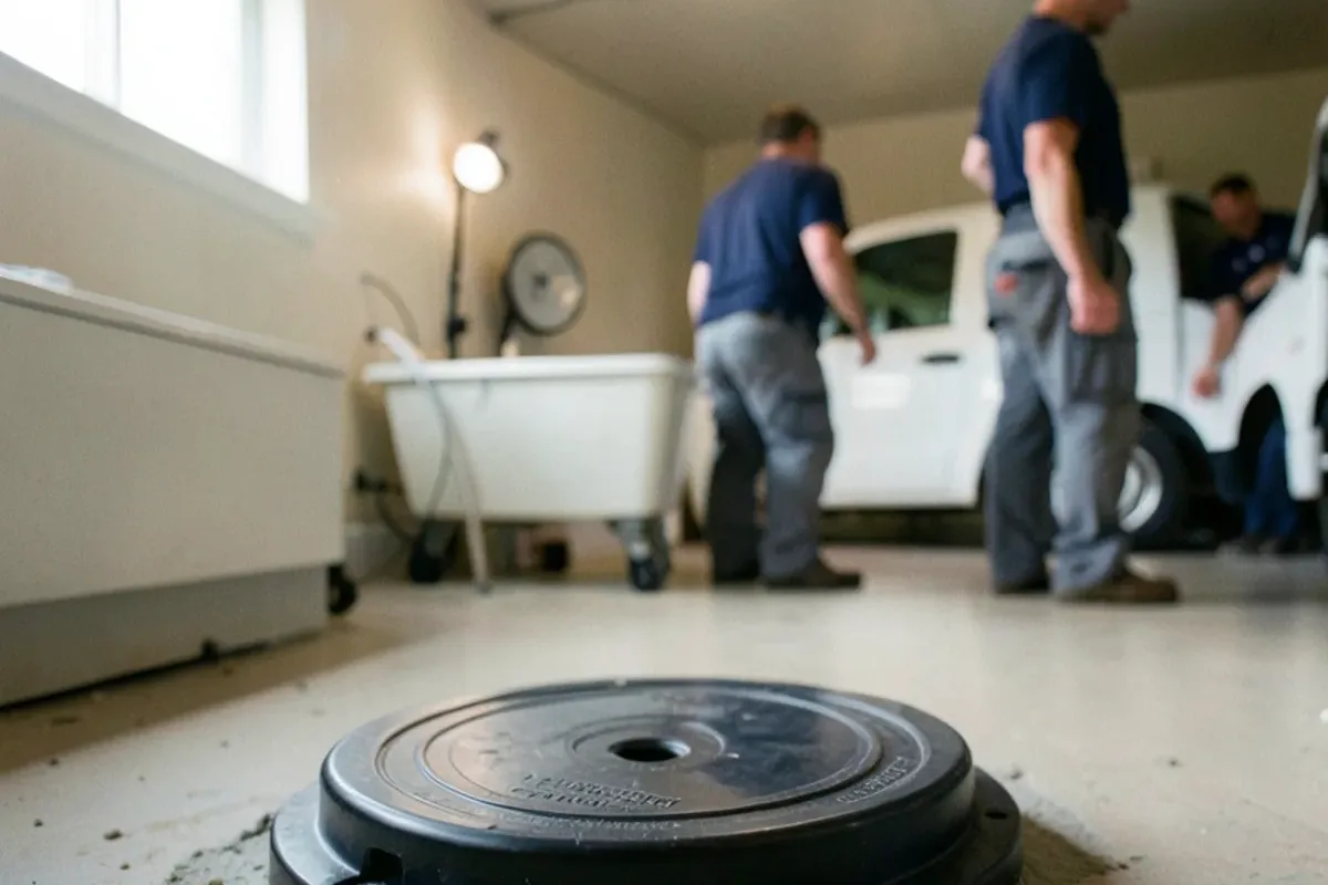 Round access cover set flush in fresh concrete over a basement backwater valve