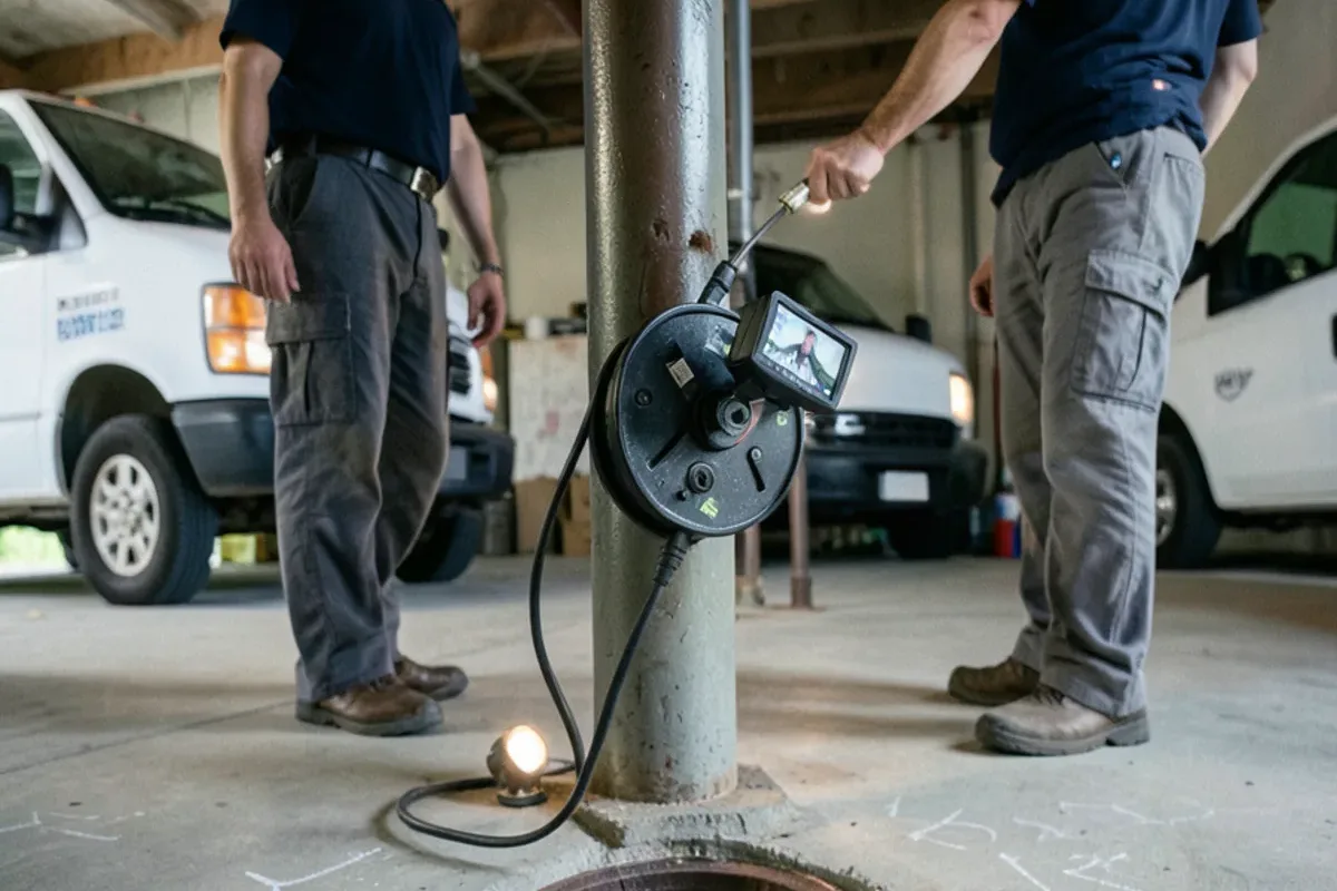 Sewer camera cable feeding into a basement floor cleanout before a backwater valve is placed