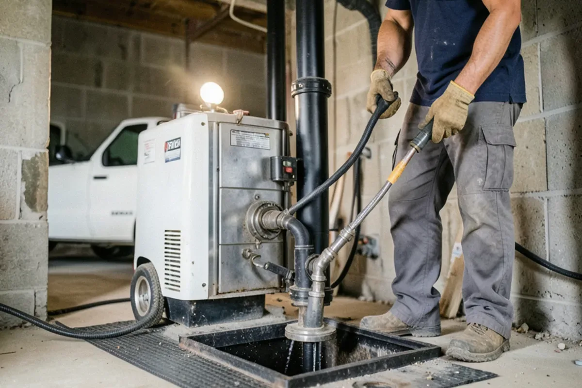 Sectional drain machine feeding cable into a basement sewer cleanout