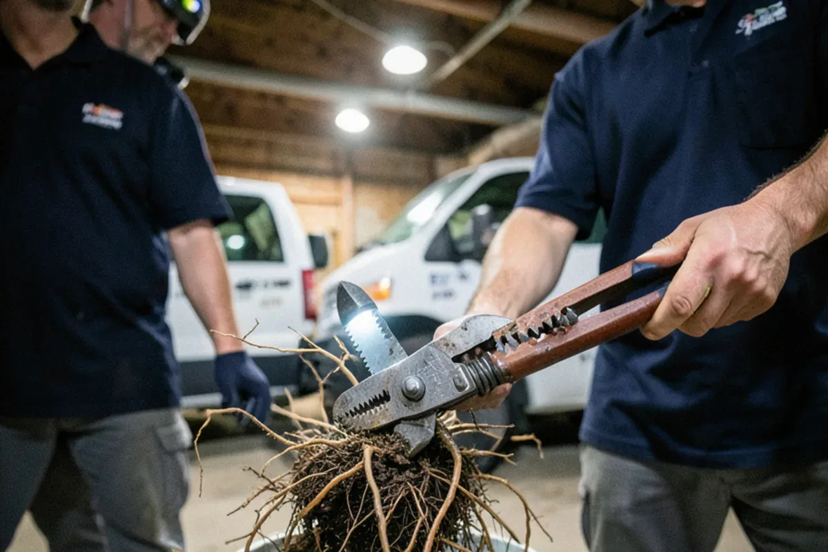 Cable cutter head pulled from a sewer lateral wrapped in fine tree roots