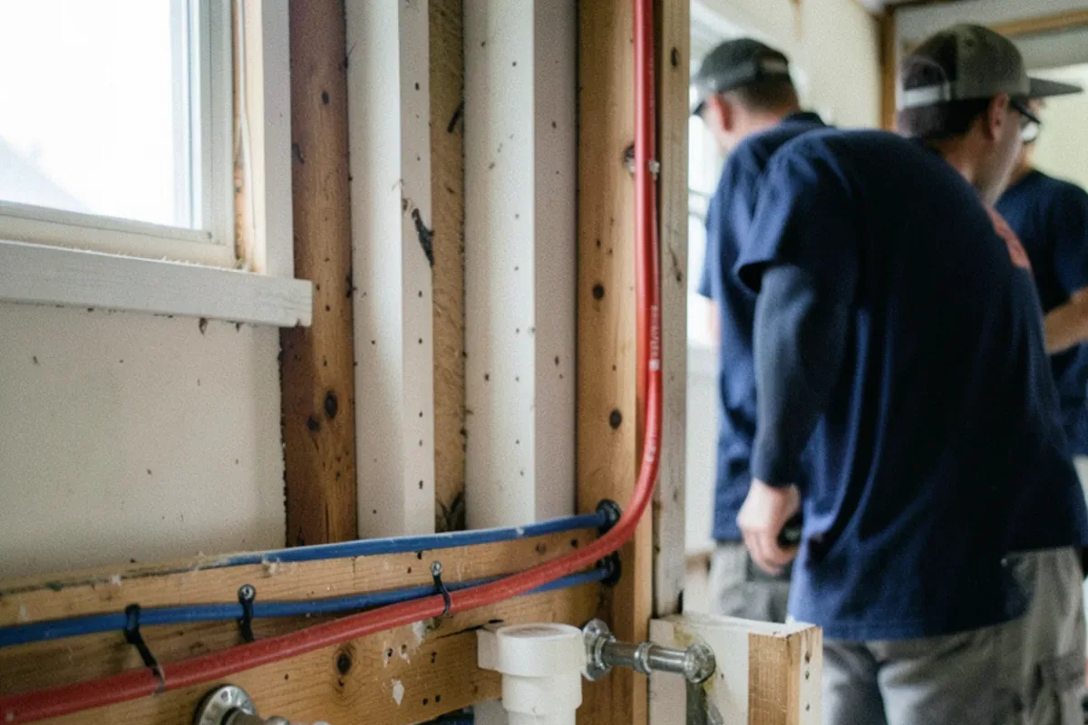 New PEX supply lines run through an open bathroom wall to vanity stub-outs