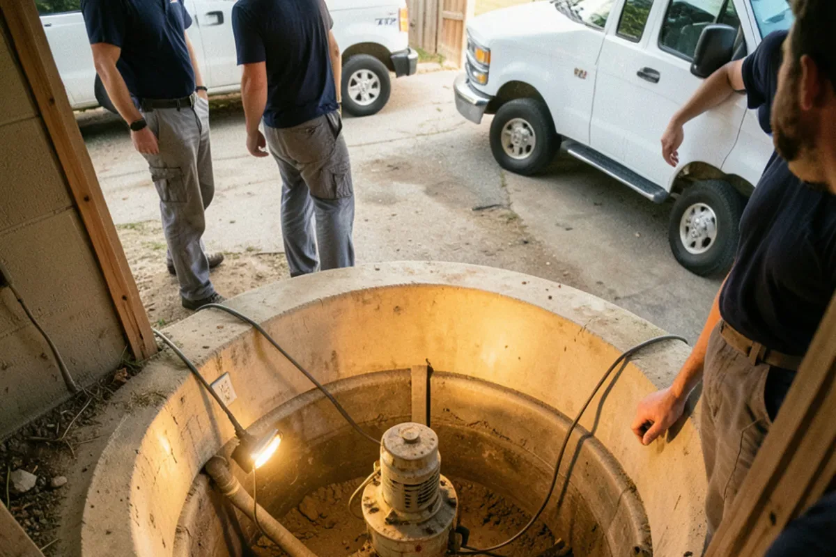 Older sump pit with one pump and a single discharge pipe before a backup was added