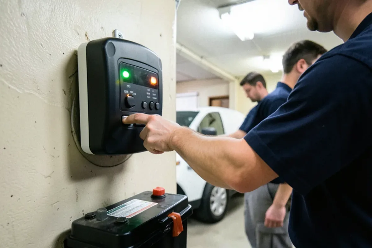Hand pressing the test button on a sump backup battery charger with status lights