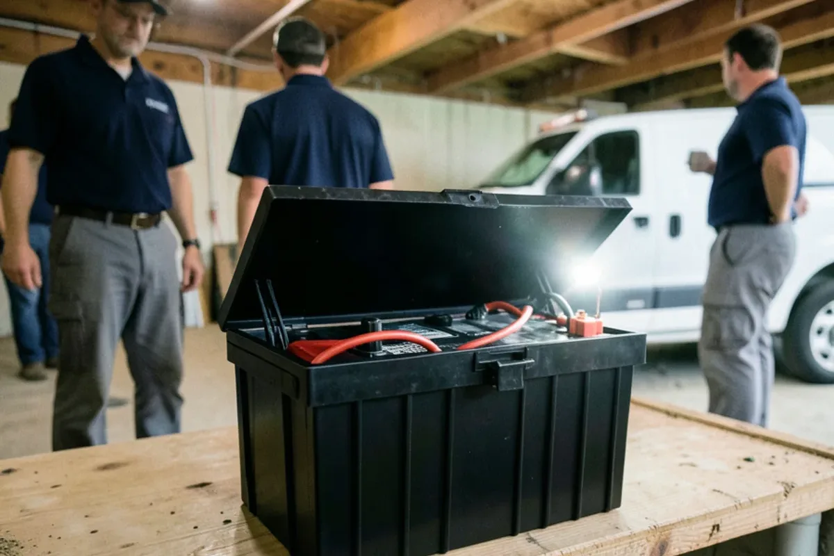 Sealed AGM backup battery in a vented plastic box on a shelf beside a basement sump pit