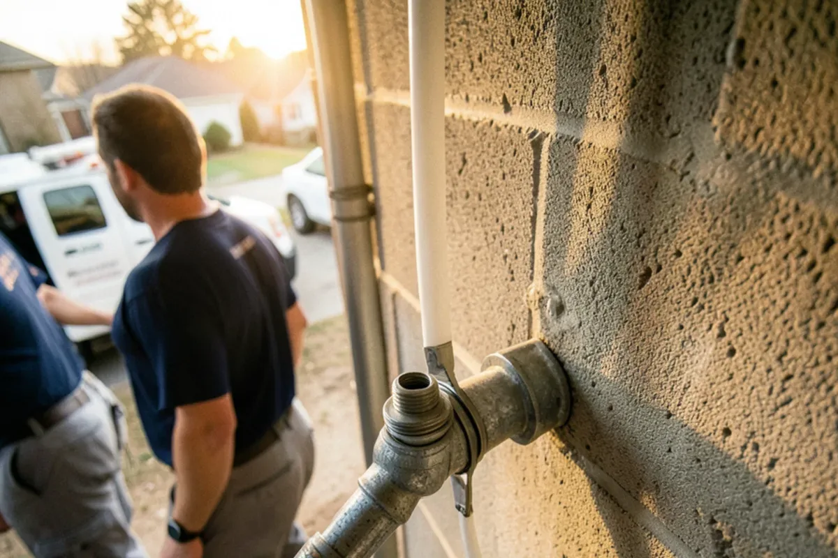 Transition fitting joining old galvanized steel pipe to new PEX tubing on a basement wall