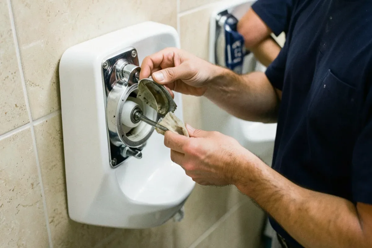 Plumber replacing the diaphragm inside a urinal flush valve in an office restroom