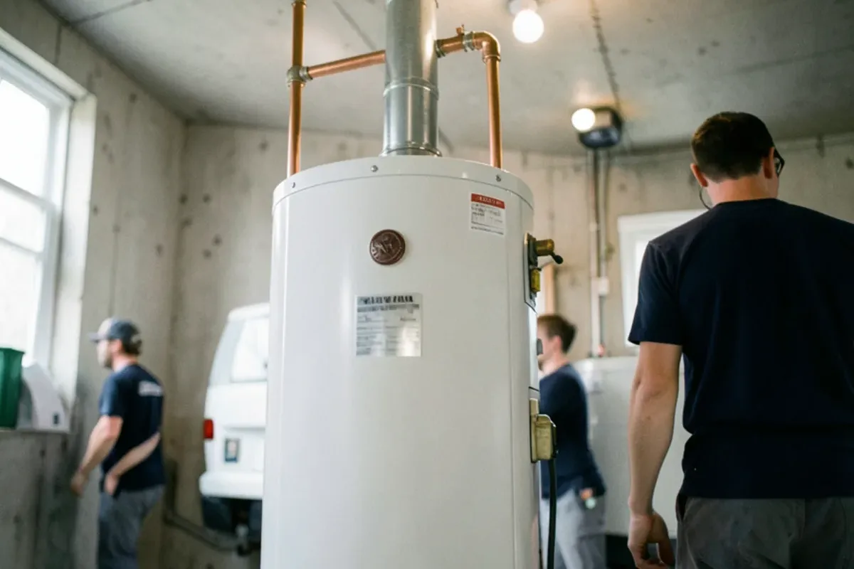 Tall commercial gas water heater with a recirculation pump and expansion tank in a utility room