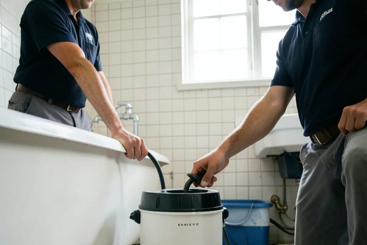 Drum drain machine with its cable fed through a bathtub overflow opening