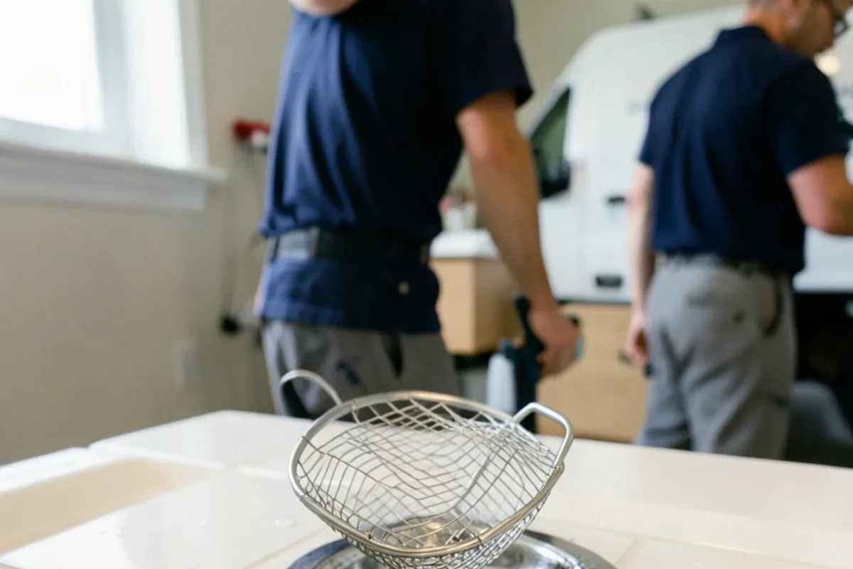 Stainless hair catcher sitting over a shower drain