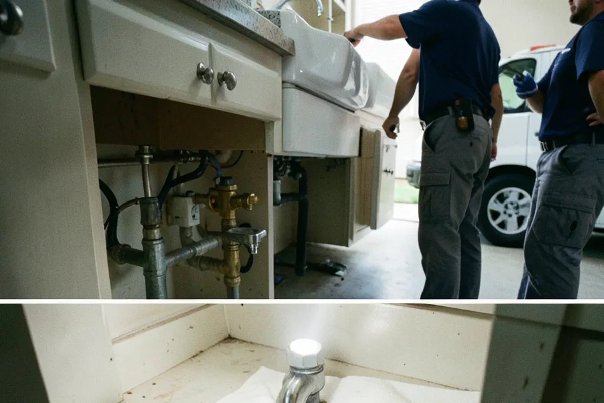 Paper towel on a dry sink cabinet floor showing a wet spot under the drain trap
