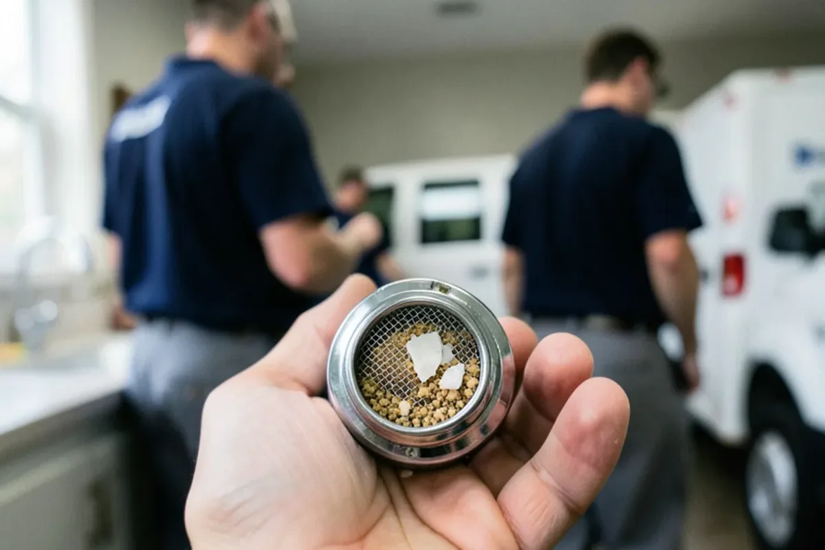 Faucet aerator screen clogged with grit and scale held in a palm