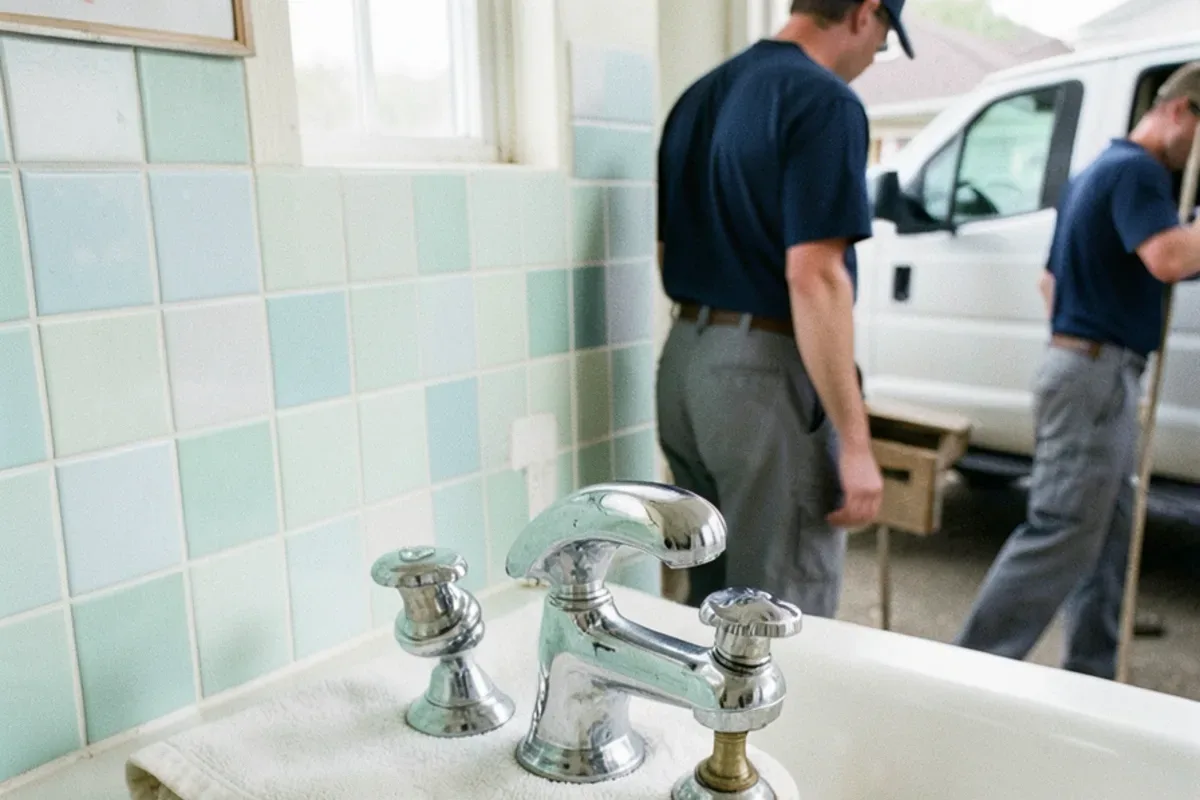 Two-handle tub faucet with its handles off and brass stems pulled from a tiled wall
