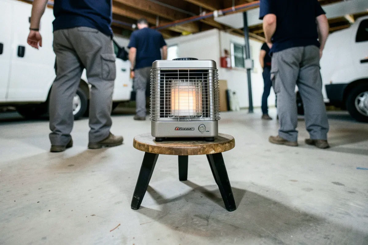 Electric space heater warming an open basement joist bay with a frozen supply line