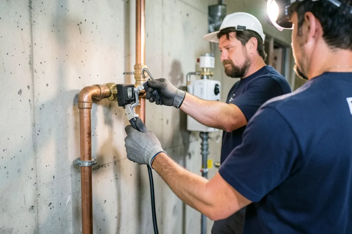 Pipe thawing machine clamps attached to a copper water service line beside the meter
