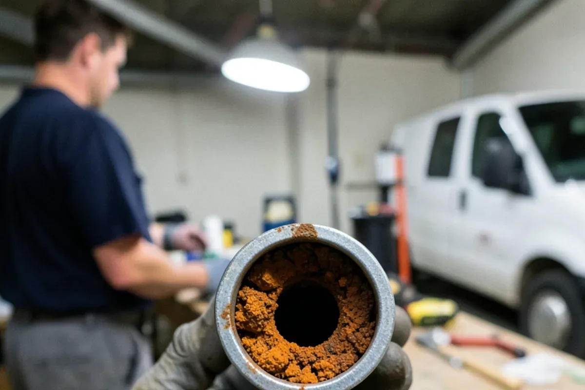 Cut end of an old galvanized supply pipe nearly closed with rust inside