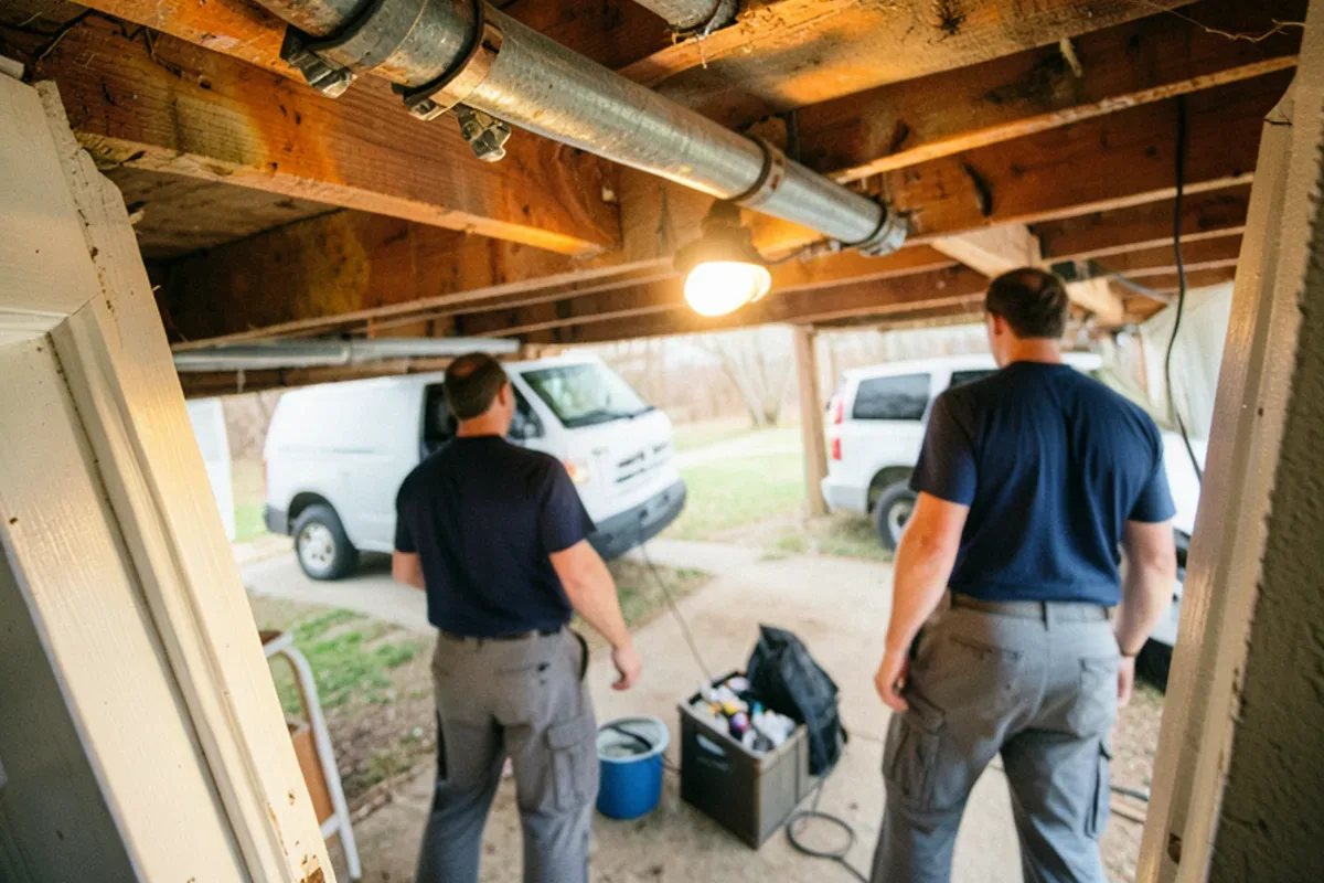 Basement ceiling before replacement with a rusted galvanized trunk line and patched joints