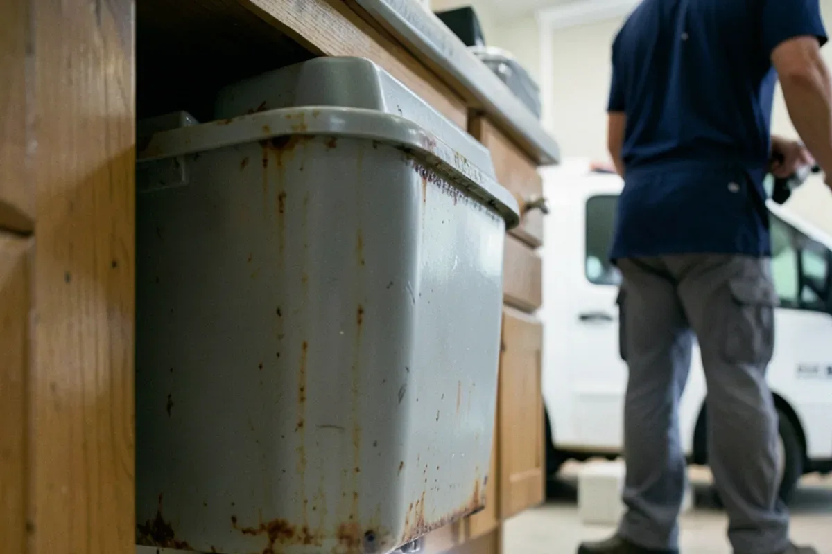Water dripping from the bottom of a corroded garbage disposal housing into a cabinet