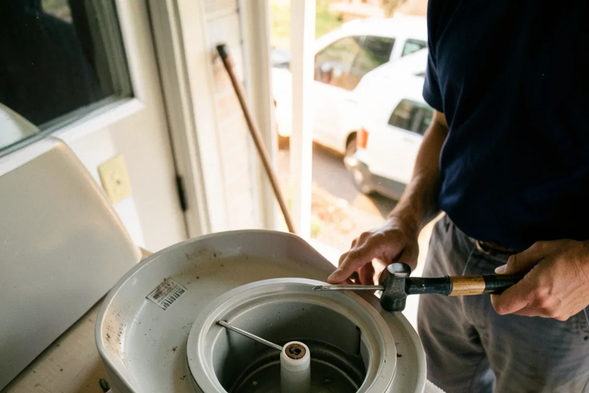Screwdriver tapping out the dishwasher inlet plug on a new garbage disposal