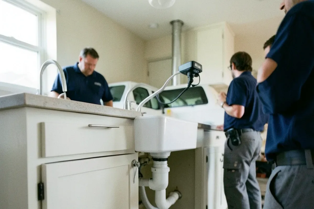 New disposal discharge tube connected to a white PVC trap and trap arm under a sink