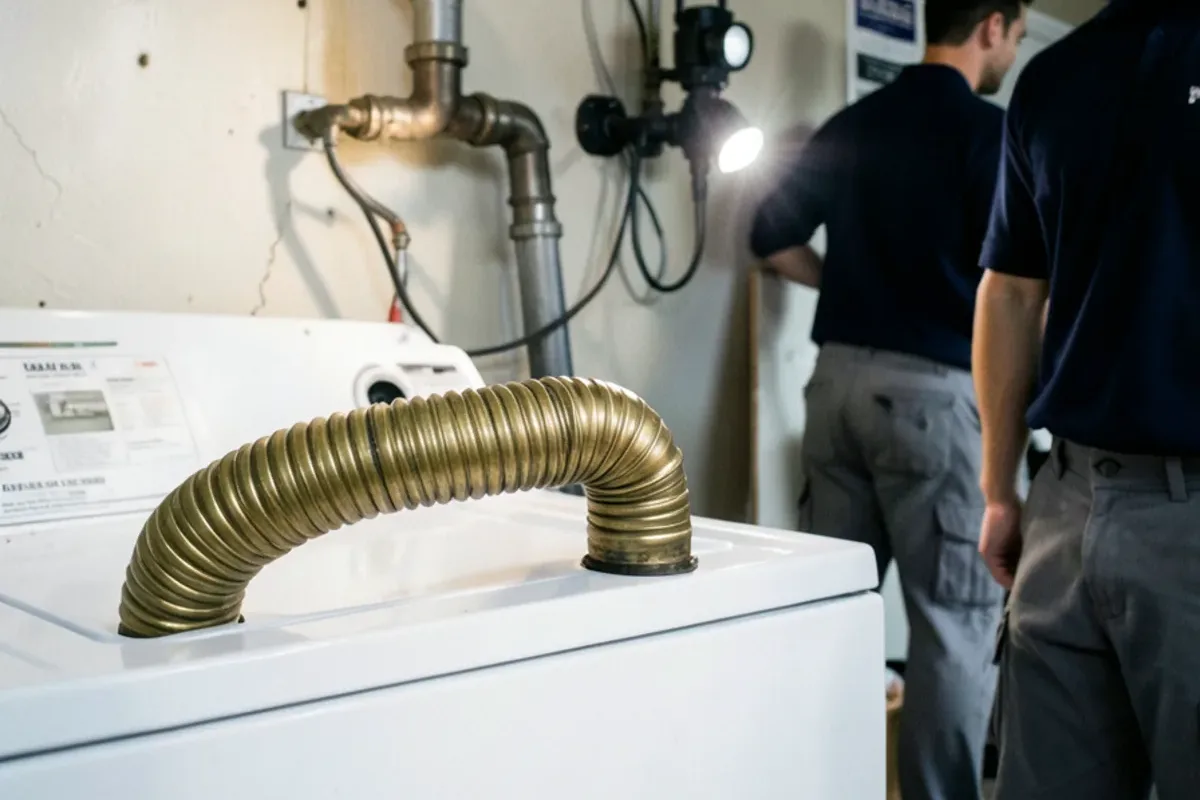 Old kinked brass flexible gas connector pulled out from behind a clothes dryer