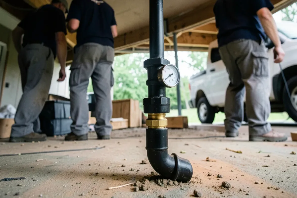 Pressure test gauge on a capped new black iron gas line before inspection