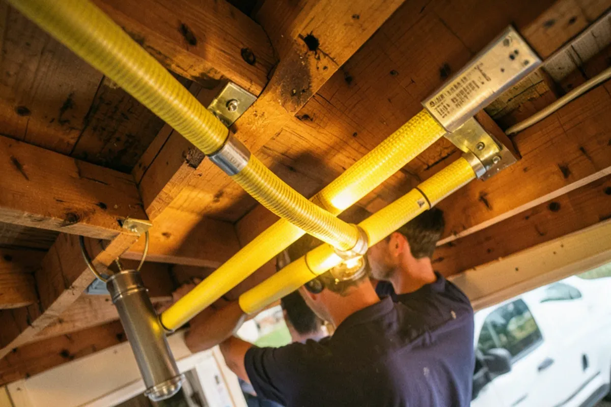 Yellow-jacketed CSST gas tubing routed through bored floor joists