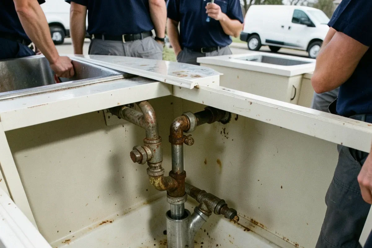 Rusty galvanized supply pipes and an old trap under a kitchen sink before replacement