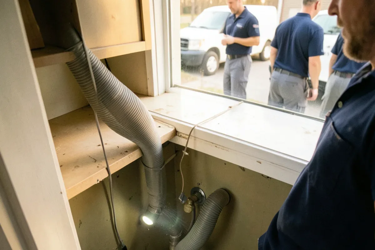 Dishwasher drain hose looped up and strapped high under a kitchen countertop