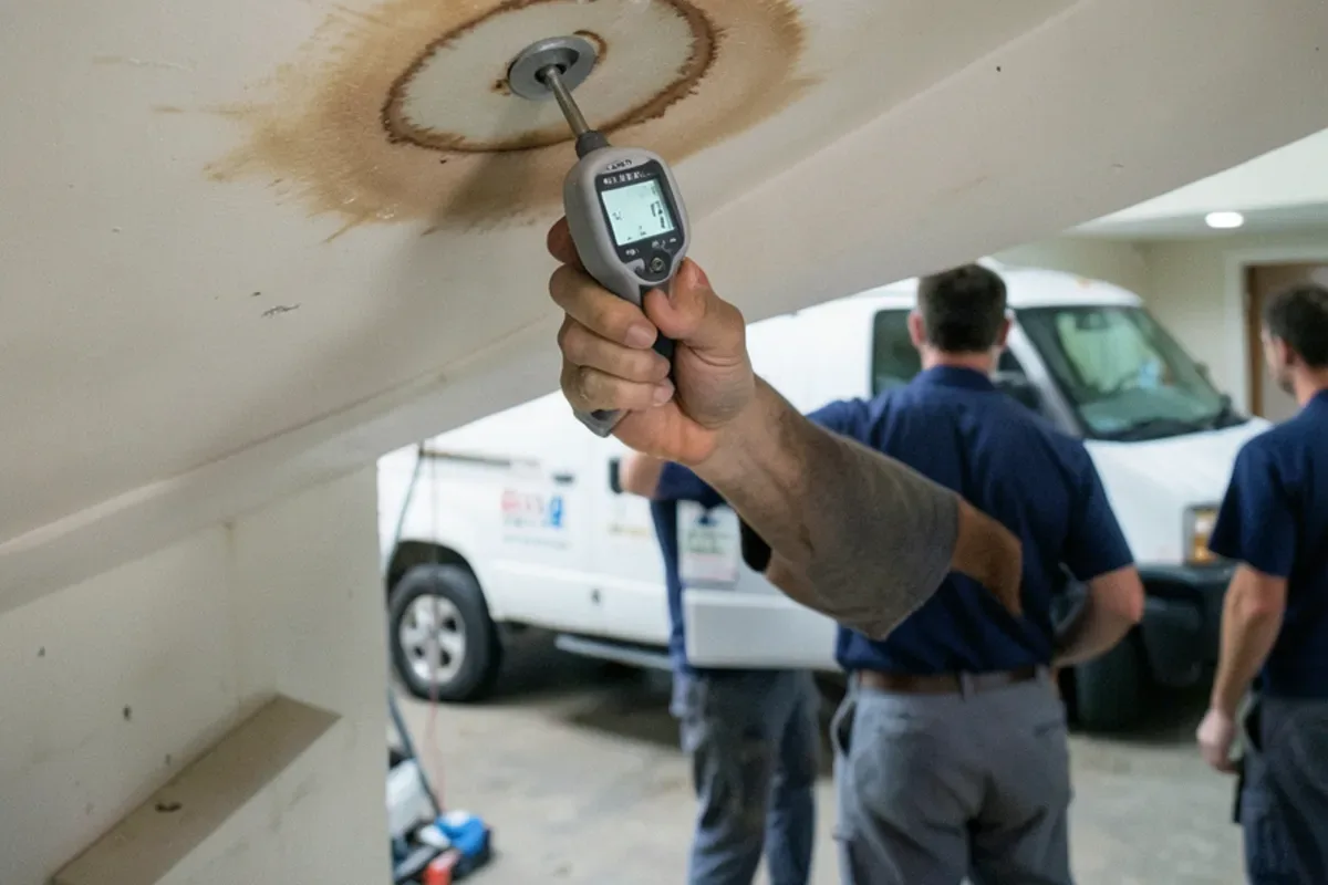 Moisture meter pressed to a stained basement ceiling under a first-floor bathroom