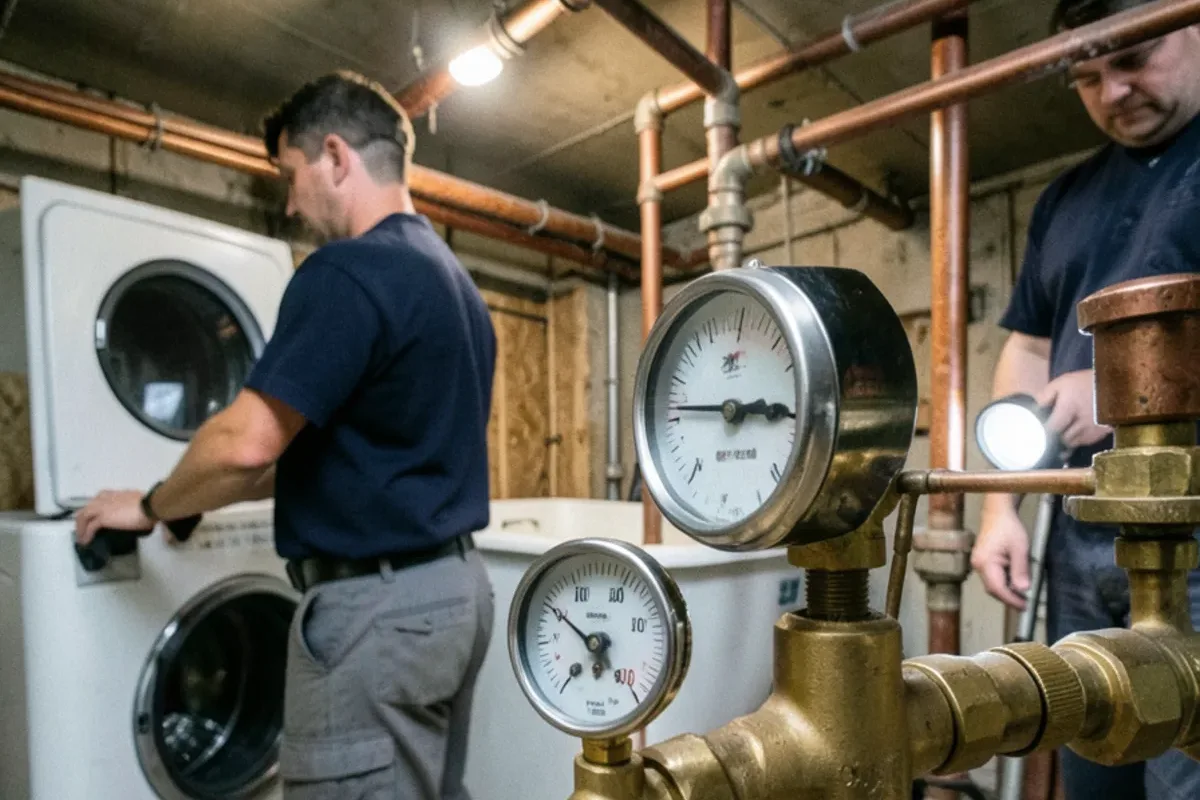 Water pressure test gauge threaded onto a laundry valve to check for a pressure drop