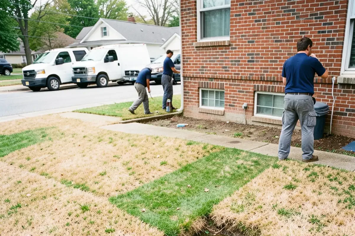 Green soggy strip of lawn running from the sidewalk toward a house over a leaking water line