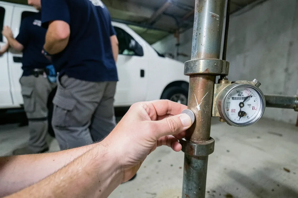 Magnet held against a scratched service pipe where it enters a basement next to the water meter
