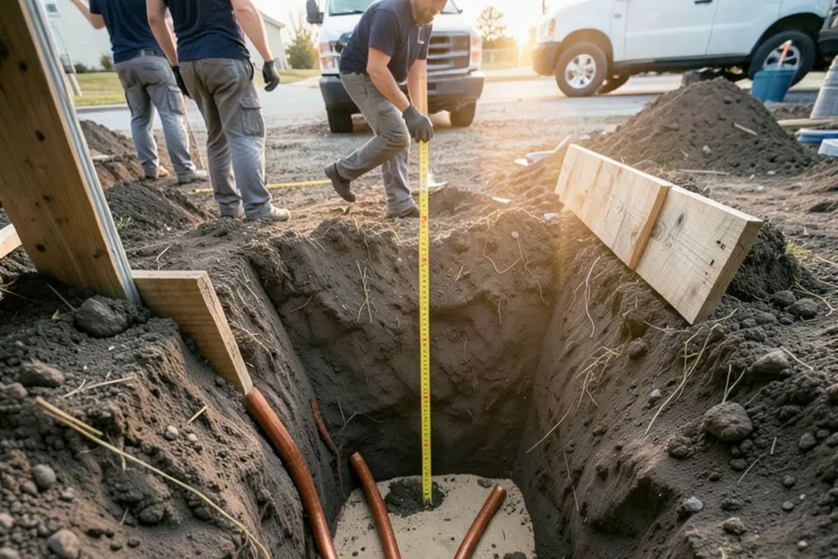 New copper water service tubing bedded in sand at the bottom of a deep trench in clay soil