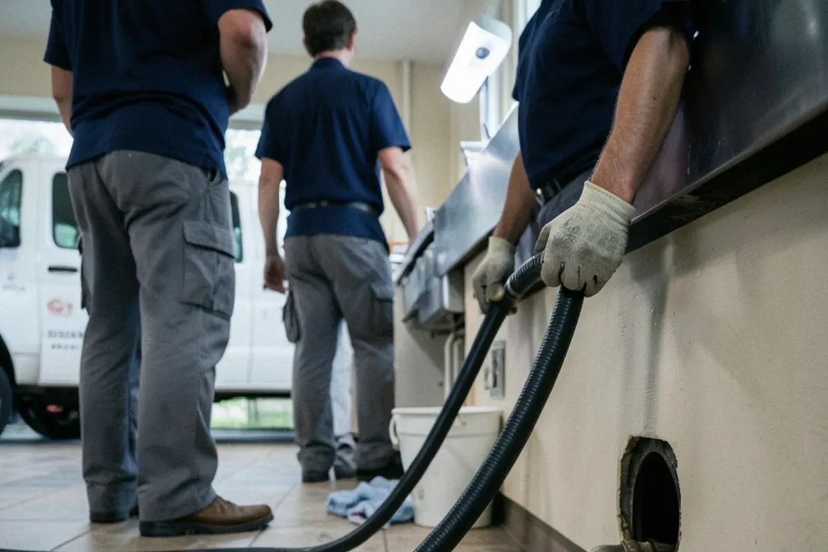 Hydro jetting hose running into a kitchen drain cleanout under a stainless prep table