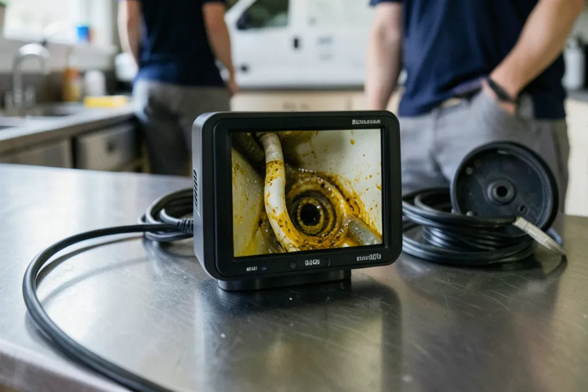 Monitor showing a camera view inside a kitchen drain line coated with grease