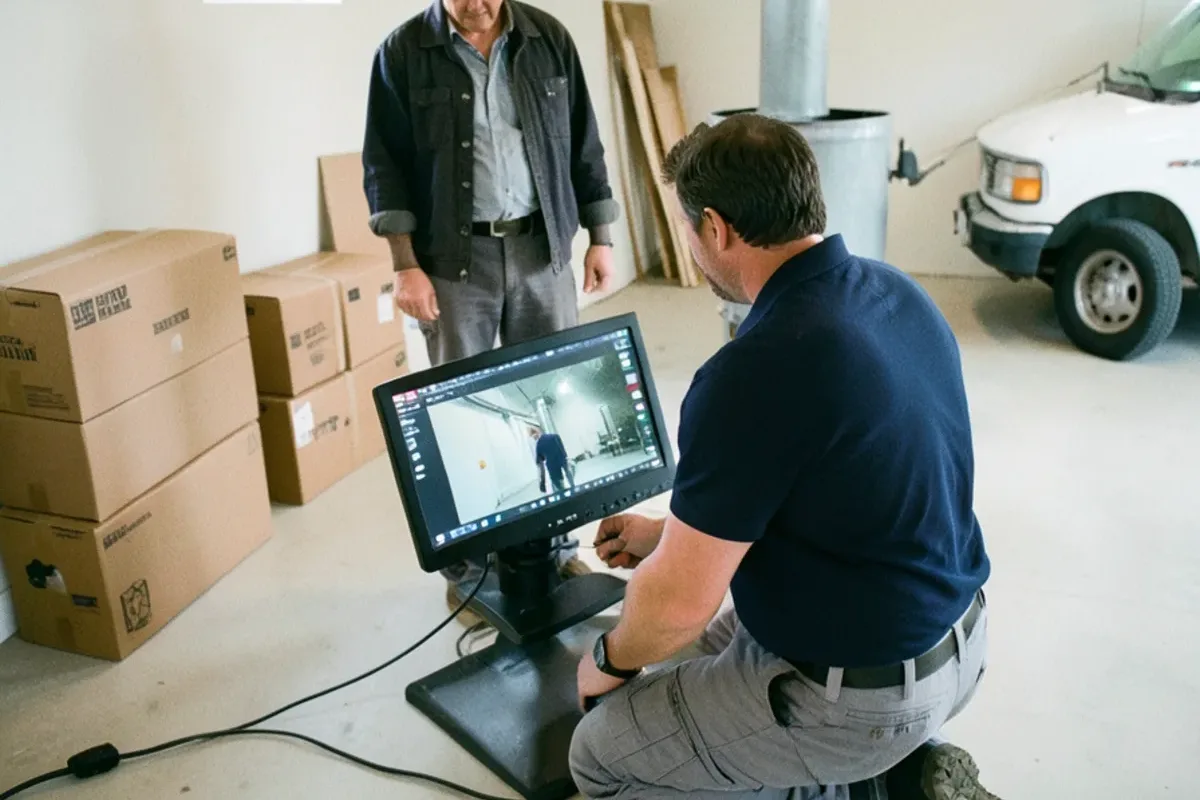 Plumber and buyer watching a sewer camera monitor in the basement of a house for sale