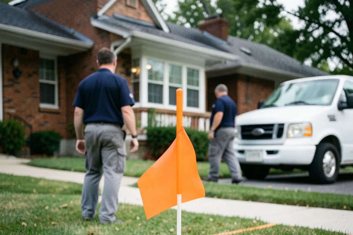 Orange marking flag in a lawn over the spot a camera found a sewer defect