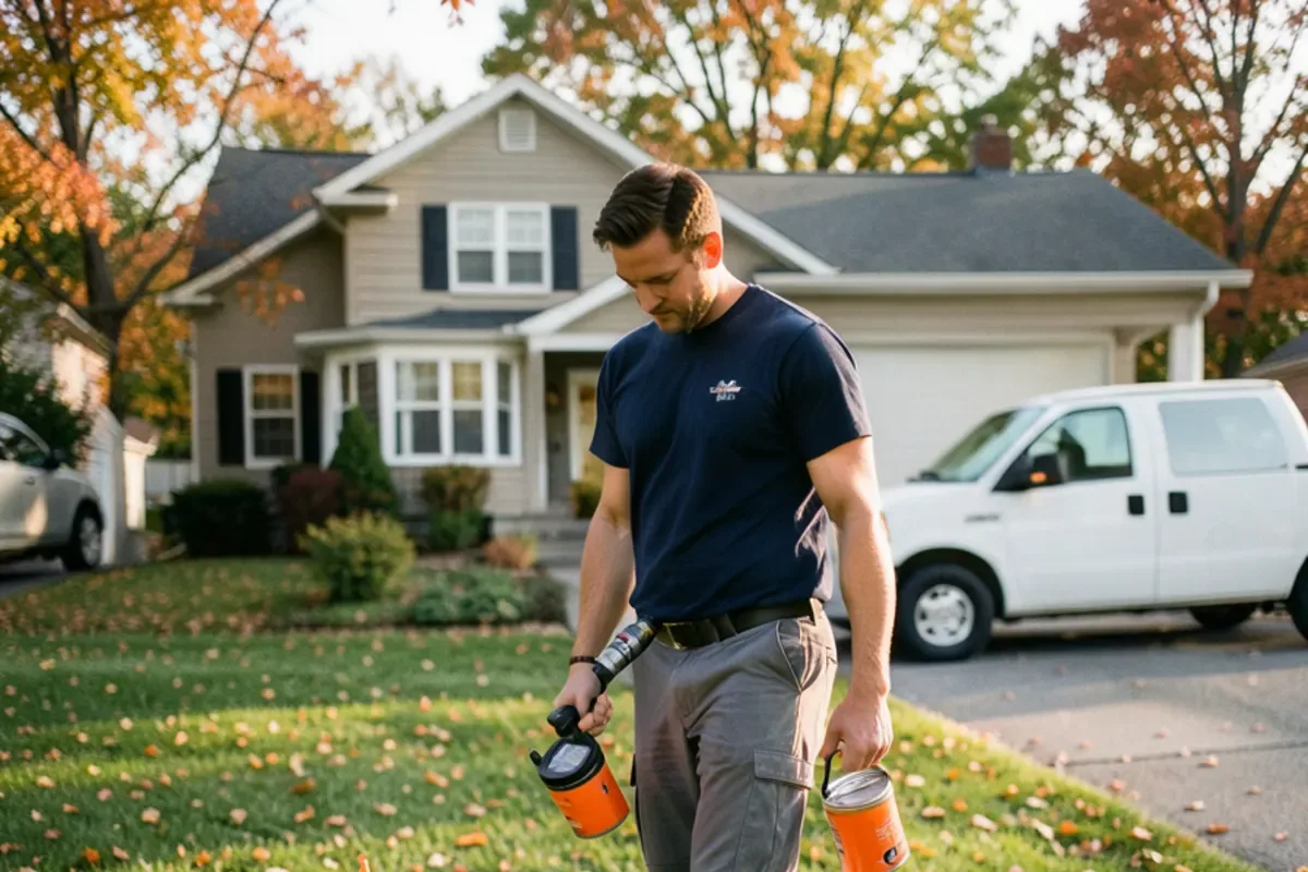 Plumber using a pipe locator over a front lawn to find a sewer camera head below