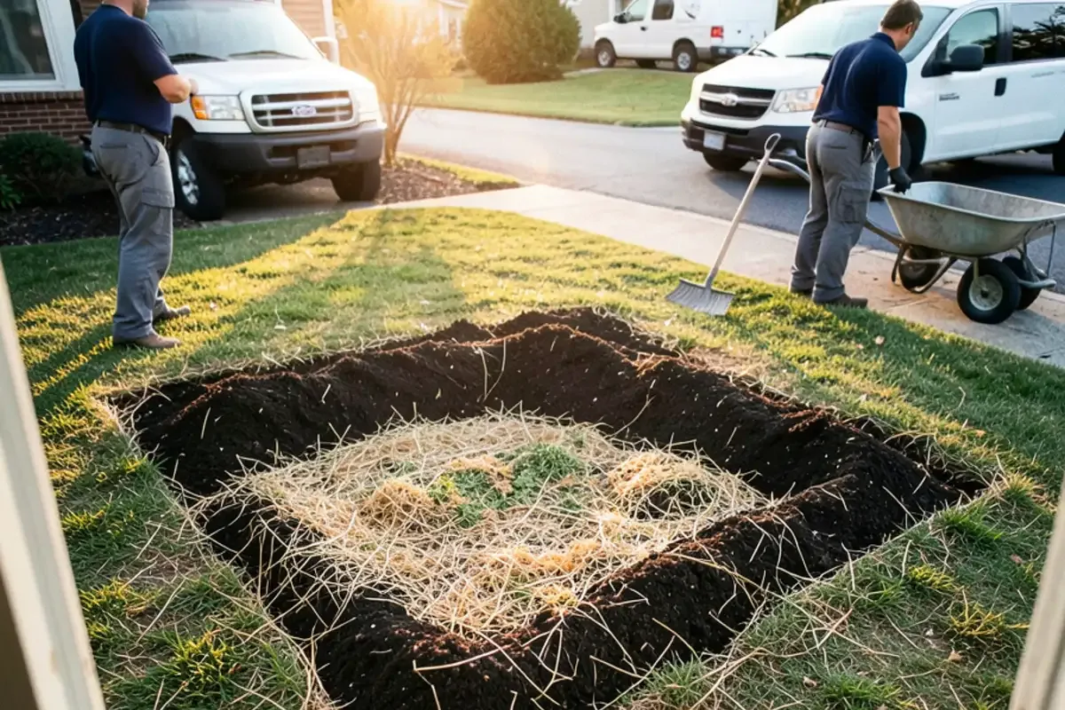 Fresh topsoil and seed over a backfilled sewer repair in a front lawn