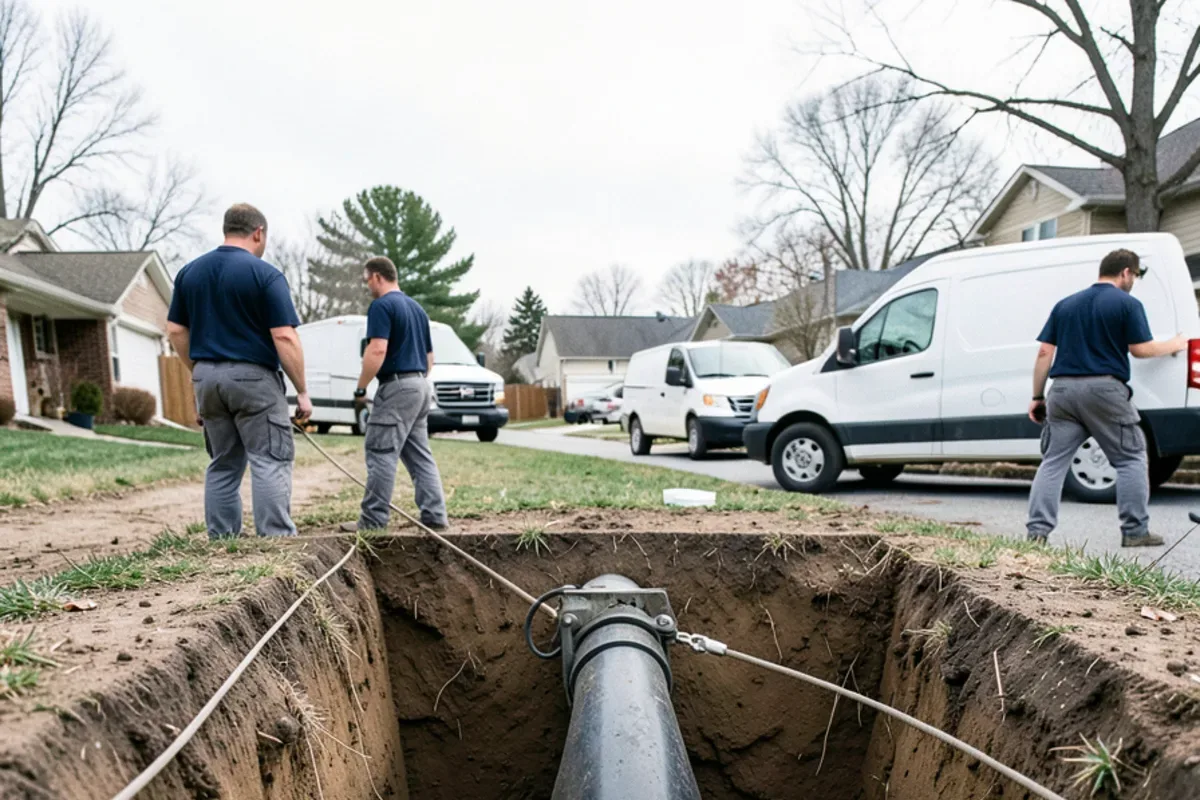Pipe bursting head and new HDPE pipe at the launch pit of a sewer replacement