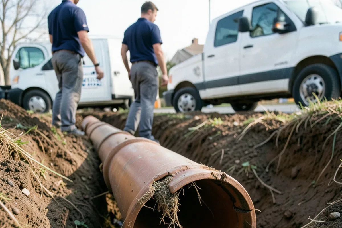 Old clay sewer lateral exposed in a trench with cracked joints and root mats