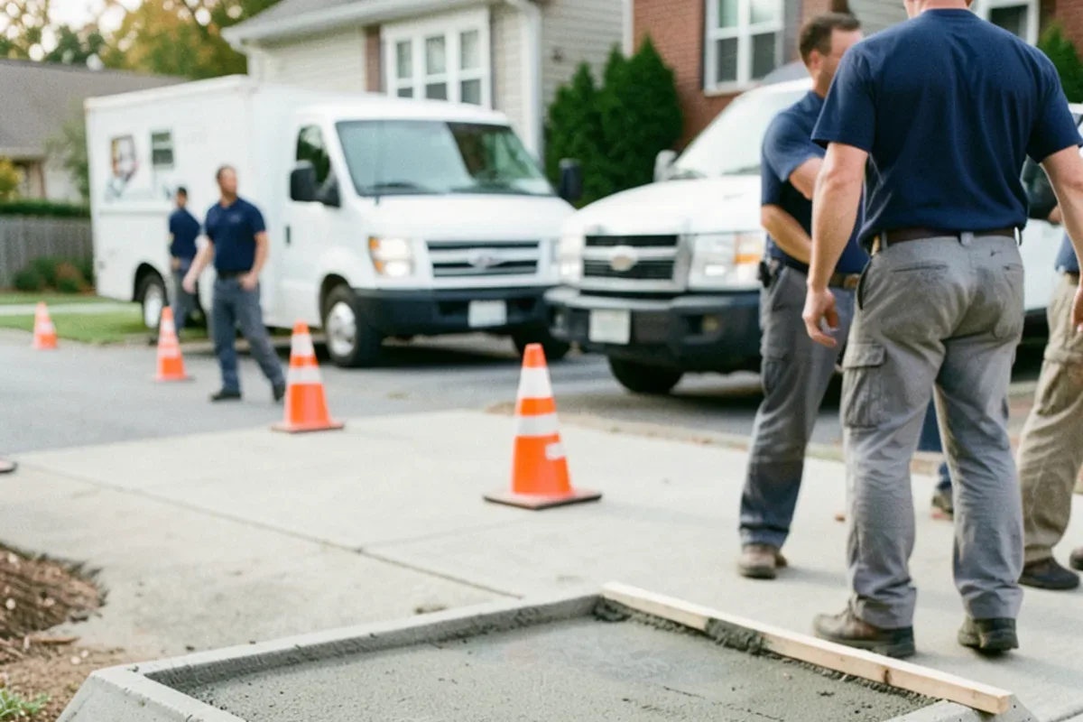Freshly poured concrete driveway apron and sidewalk patch over a replaced sewer line