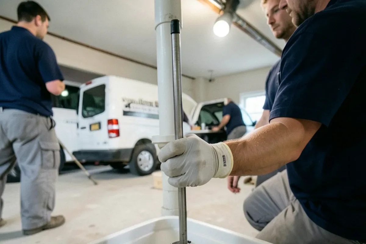 Plumber lifting the vertical float on a sump pump to test whether the motor starts