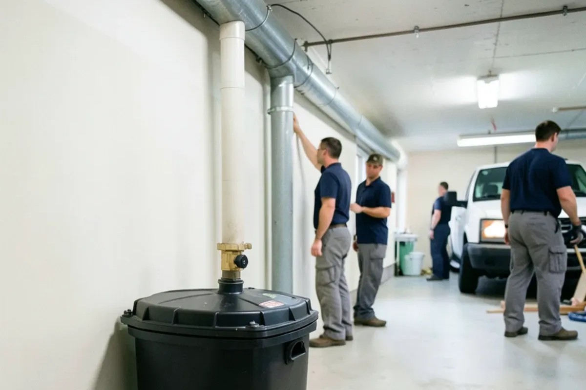 Sealed sewage ejector basin with a bolted lid, vent pipe and discharge pipe in a basement utility room