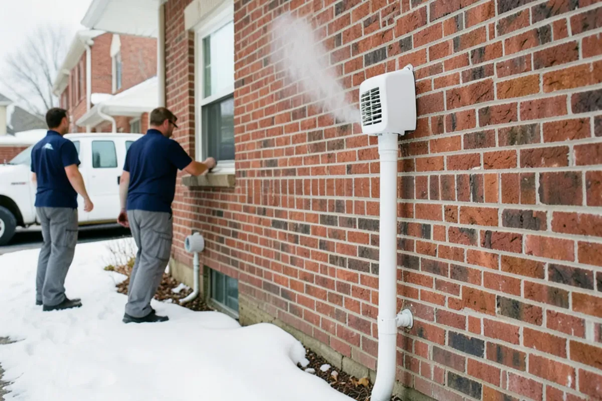 Tankless water heater intake and exhaust terminations on a brick side wall above snow