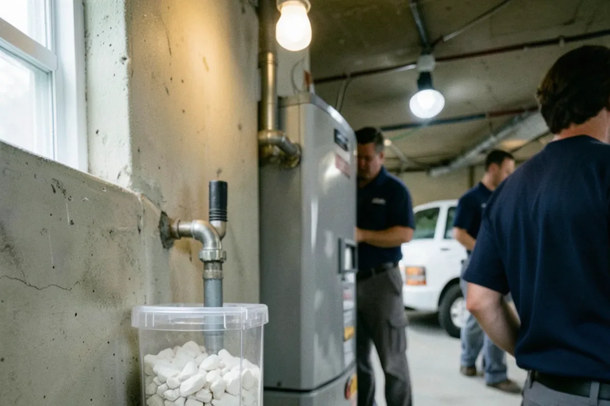 Condensate neutralizer cartridge filled with media beside a tankless water heater