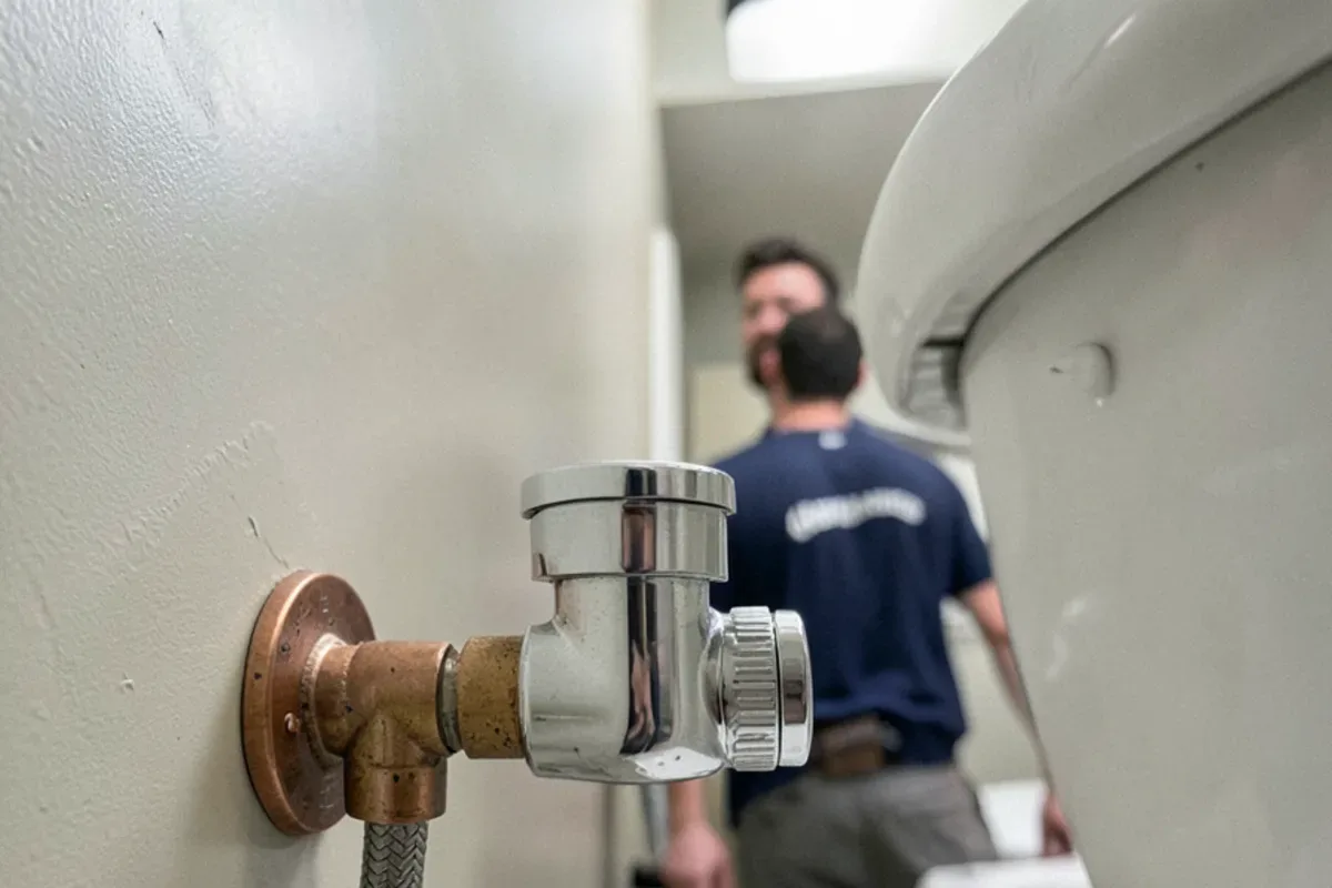 Chrome quarter-turn shutoff valve with a braided supply line feeding a toilet tank